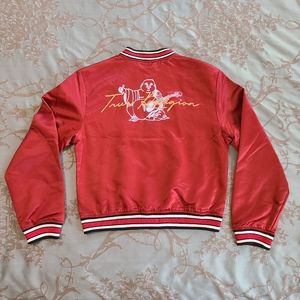 True Religion Red Dahlia Varsity Striped Satin Jacket Women Size Medium